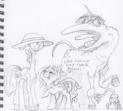 Size: 1721x1559 | Tagged: safe, artist:dilarus, ponerpics import, tree hugger, twilight sparkle, twilight sparkle (alicorn), alicorn, earth pony, pony, comic:the many faces of twilight sparkle, deleted from derpibooru, dialogue, hat, monochrome, not salmon, traditional art, wat