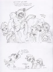 Size: 2380x3222 | Tagged: safe, artist:dilarus, ponerpics import, applejack, fluttershy, pinkie pie, rainbow dash, rarity, twilight sparkle, twilight sparkle (alicorn), alicorn, earth pony, pegasus, pony, semi-anthro, unicorn, comic:the many faces of twilight sparkle, deleted from derpibooru, dialogue, elements of harmony, glasses, mane six, monochrome, not salmon, shoes, smoldash, sneakers, sweat, traditional art, wat