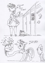 Size: 2120x2911 | Tagged: safe, artist:dilarus, ponerpics import, spike, twilight sparkle, twilight sparkle (alicorn), alicorn, dog, dragon, pony, comic:the many faces of twilight sparkle, equestria girls, claws, deleted from derpibooru, dialogue, horseshoes, implied rainbow dash, implied sunset shimmer, monochrome, not salmon, traditional art, vulgar, wat