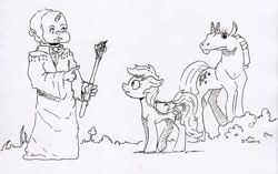 Size: 2388x1498 | Tagged: safe, artist:dilarus, ponerpics import, rainbow dash, twilight sparkle, human, pegasus, pony, unicorn, comic:the many faces of twilight sparkle, bucktooth, deleted from derpibooru, hoers, horn, humanized, implied daring do, monochrome, not salmon, scepter, species swap, traditional art, twilight scepter, wat