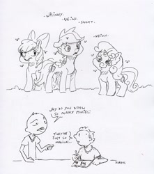 Size: 2322x2625 | Tagged: safe, artist:dilarus, ponerpics import, apple bloom, scootaloo, sweetie belle, earth pony, human, pegasus, pony, unicorn, breaking the fourth wall, cutie mark crusaders, deleted from derpibooru, derp, dialogue, flies, horse noises, monochrome, onomatopoeia, self deprecation, self insert, size difference, traditional art, whinny