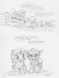 Size: 1080x1440 | Tagged: safe, artist:dilarus, derpibooru exclusive, ponerpics import, apple bloom, sweetie belle, earth pony, pig, pony, unicorn, bow, comic, cute, deleted from derpibooru, diving board, farm, female, filly, filthy, grayscale, hair bow, implied applejack, monochrome, mud, mud bath, pencil drawing, pig pen, sketch, summer, traditional art