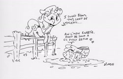 Size: 2421x1562 | Tagged: safe, artist:dilarus, ponerpics import, apple bloom, sweetie belle, earth pony, pony, unicorn, bow, commission, deleted from derpibooru, dialogue, fence, heart, monochrome, mud, nails, puddle, traditional art, vulgar