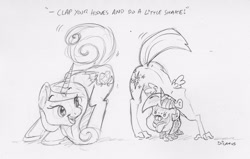 Size: 2841x1811 | Tagged: safe, artist:dilarus, ponerpics import, princess cadance, twilight sparkle, twilight sparkle (alicorn), alicorn, pony, comic:the many faces of twilight sparkle, ass up, deleted from derpibooru, dialogue, monochrome, not salmon, singing, sunshine sunshine, traditional art, wat