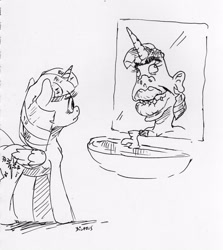 Size: 2045x2295 | Tagged: safe, artist:dilarus, ponerpics import, twilight sparkle, twilight sparkle (alicorn), alicorn, comic:the many faces of twilight sparkle, deleted from derpibooru, mirror, monochrome, not salmon, reflection, sink, species swap, traditional art, wat