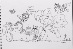 Size: 3155x2122 | Tagged: safe, artist:dilarus, ponerpics import, pinkie pie, twilight sparkle, twilight sparkle (alicorn), alicorn, anthro, cat, earth pony, mouse, pony, snake, comic:the many faces of twilight sparkle, anthro with ponies, birthday, birthday party, cake, candle, deleted from derpibooru, dialogue, food, horn, monochrome, not salmon, party, simple background, species swap, traditional art, wat, white background