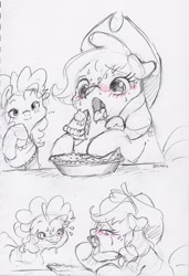 Size: 2226x3256 | Tagged: safe, artist:dilarus, ponerpics import, applejack, pinkie pie, earth pony, pony, blushing, deleted from derpibooru, food, pie, story included, the many faces of applejack, traditional art