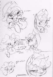 Size: 2245x3271 | Tagged: safe, artist:dilarus, ponerpics import, applejack, pinkie pie, earth pony, pony, ahegao, applejack's hat, blushing, clothes, comic, cowboy hat, deleted from derpibooru, dialogue, female, hat, mare, monochrome, open mouth, sign, smiling, sweat, teasing, the many faces of applejack, traditional art, vulgar