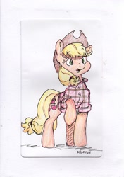 Size: 1219x1728 | Tagged: safe, artist:dilarus, ponerpics import, applejack, earth pony, pony, colored, cowboy hat, deleted from derpibooru, female, hat, mare, plaid skirt, raised hoof, raised leg, solo, stetson, traditional art