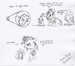 Size: 2146x1900 | Tagged: safe, artist:dilarus, ponerpics import, rarity, spike, twilight sparkle, twilight sparkle (alicorn), alicorn, dragon, pony, unicorn, comic:the many faces of twilight sparkle, amoeba, cup, deleted from derpibooru, dialogue, ears, female, floppy ears, grayscale, levitation, magic, magic aura, male, mare, microscope, monochrome, onomatopoeia, open mouth, species swap, telekinesis, thousand yard stare, tongue, tongue out, traditional art, zoomed in