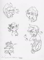 Size: 1280x1767 | Tagged: safe, artist:dilarus, ponerpics import, applejack, earth pony, pony, apple, cowboy hat, deleted from derpibooru, food, hat, monochrome, onomatopoeia, simple background, the many faces of applejack, traditional art, wat, white background