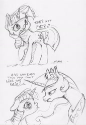 Size: 2152x3144 | Tagged: safe, artist:dilarus, ponerpics import, princess celestia, twilight sparkle, unicorn twilight, alicorn, pony, unicorn, black and white, crown, cutie mark, deleted from derpibooru, dialogue, duo, duo female, female, grayscale, jewelry, lip quiver, mare, monochrome, open mouth, peytral, pouting, raised hoof, raised leg, regalia, sketch, teary eyes, traditional art