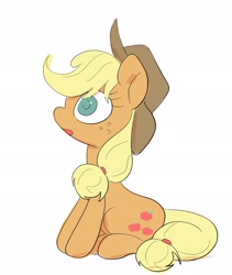 Size: 1728x2048 | Tagged: safe, artist:noupu, derpibooru import, applejack, earth pony, pony, cowboy hat, female, hat, mare, simple background, sitting, solo, white background