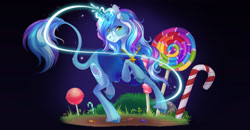 Size: 1920x1000 | Tagged: safe, artist:wilvarin-liadon, derpibooru import, oc, oc:mind equilibrium, pony, unicorn, candy, food, leonine tail, solo