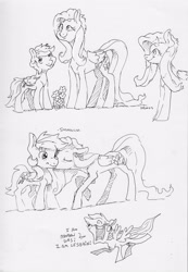 Size: 2868x4148 | Tagged: safe, artist:dilarus, ponerpics import, fluttershy, rainbow dash, pegasus, pony, deleted from derpibooru, derp, dialogue, female, flower, flutterdash, intentional grammar error, kiss on the cheek, kissing, lesbian, monochrome, onomatopoeia, shipping, simple background, smoldash, tallershy, traditional art, wat, white background