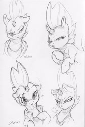 Size: 2201x3275 | Tagged: safe, artist:dilarus, ponerpics import, fizzlepop berrytwist, tempest shadow, pony, unicorn, blushing, broken horn, clothes, cute, deleted from derpibooru, eye scar, female, horn, lineart, mare, monochrome, pencil drawing, question mark, scar, simple background, snorting, traditional art, white background