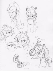 Size: 2391x3237 | Tagged: safe, artist:dilarus, ponerpics import, applejack, rainbow dash, earth pony, pegasus, pony, equestria girls, banjo, deleted from derpibooru, dialogue, hat, inanimate tf, monochrome, musical instrument, simple background, stars, traditional art, transformation, white background