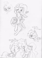 Size: 2416x3311 | Tagged: safe, artist:dilarus, ponerpics import, fluttershy, rainbow dash, pegasus, pony, deleted from derpibooru, dialogue, female, flutterdash, kissing, lesbian, monochrome, shipping, simple background, smol, smoldash, tallershy, traditional art, white background