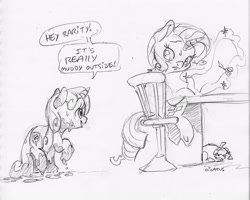 Size: 2410x1926 | Tagged: safe, artist:dilarus, ponerpics import, opalescence, rarity, sweetie belle, cat, pony, unicorn, deleted from derpibooru, dialogue, dirty, magic, monochrome, mud, muddy, scissors, simple background, telekinesis, traditional art, white background