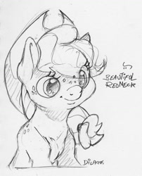 Size: 1221x1509 | Tagged: safe, artist:dilarus, ponerpics import, applejack, earth pony, pony, cowboy hat, cute, deleted from derpibooru, female, filly, filly applejack, grayscale, hat, jackabetes, monochrome, pencil drawing, simple background, traditional art, truth, white background, younger