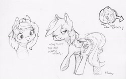 Size: 2285x1432 | Tagged: safe, artist:dilarus, ponerpics import, applejack, rainbow dash, earth pony, pegasus, pony, alternate hairstyle, deleted from derpibooru, dialogue, female, mare, monochrome, simple background, traditional art, white background