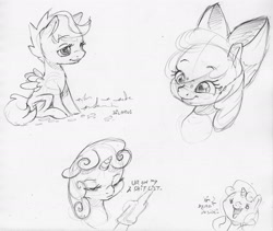 Size: 2388x2018 | Tagged: safe, artist:dilarus, ponerpics import, apple bloom, scootaloo, sweetie belle, earth pony, pegasus, pony, unicorn, bow, deleted from derpibooru, dialogue, grayscale, hair bow, monochrome, pencil drawing, simple background, traditional art, vulgar, white background