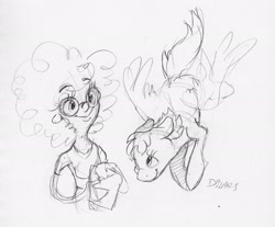Size: 2186x1807 | Tagged: safe, artist:dilarus, ponerpics import, human, pegasus, pony, deleted from derpibooru, generic pony, glasses, monochrome, simple background, traditional art, white background
