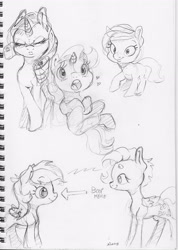 Size: 2328x3261 | Tagged: safe, artist:dilarus, ponerpics import, fluttershy, rainbow dash, rarity, pegasus, pony, unicorn, deleted from derpibooru, heart, imminent boop, monochrome, simple background, smoldash, squint, tallershy, traditional art, white background