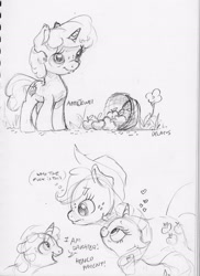 Size: 2265x3105 | Tagged: safe, artist:dilarus, ponerpics import, applejack, rarity, oc, oc:apple jewel, earth pony, pony, unicorn, apple, cute, deleted from derpibooru, dialogue, female, filly, food, hat, heart, henlo, jackabetes, lesbian, lineart, magical lesbian spawn, mare, monochrome, ocbetes, offspring, parent:applejack, parent:rarity, parents:rarijack, raribetes, rarijack, shipping, simple background, size difference, skeptical, smol, thought bubble, traditional art, vulgar, wat, white background