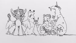 Size: 3264x1872 | Tagged: safe, artist:dilarus, ponerpics import, twilight sparkle, twilight sparkle (alicorn), alicorn, bird, chicken, pony, rat, comic:the many faces of twilight sparkle, deleted from derpibooru, lineart, monochrome, not salmon, simple background, snail, species swap, traditional art, wat, white background