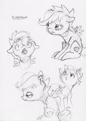 Size: 2094x2958 | Tagged: safe, artist:dilarus, ponerpics import, scootaloo, pegasus, pony, deleted from derpibooru, female, filly, monochrome, simple background, traditional art, white background