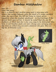 Size: 1920x2455 | Tagged: safe, artist:magnusmagnum, derpibooru import, oc, oc:bamboo mistshadow, bat pony, pony, base used, bat pony oc, character card, cute, cute little fangs, cutie mark, fangs, female, mare, open mouth, show accurate, watermark