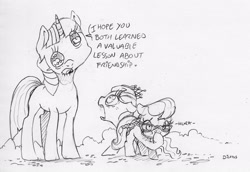 Size: 2061x1417 | Tagged: safe, artist:dilarus, ponerpics import, diamond tiara, silver spoon, twilight sparkle, earth pony, pony, unicorn, comic:the many faces of twilight sparkle, deleted from derpibooru, dialogue, female, filly, mare, monochrome, nightmare fuel, not salmon, onomatopoeia, simple background, traditional art, wat, white background