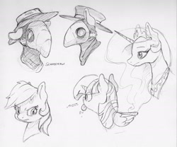 Size: 2369x1967 | Tagged: safe, artist:dilarus, ponerpics import, princess celestia, rainbow dash, twilight sparkle, twilight sparkle (alicorn), alicorn, pegasus, pony, deleted from derpibooru, female, hat, mare, mask, monochrome, onomatopoeia, plague doctor, plague doctor mask, raspberry, raspberry noise, scarecrow, simple background, tongue, tongue out, traditional art, white background
