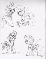 Size: 2421x3105 | Tagged: safe, artist:dilarus, ponerpics import, applejack, fluttershy, gummy, pinkie pie, twilight sparkle, twilight sparkle (alicorn), alicorn, alligator, earth pony, pegasus, pony, deleted from derpibooru, female, mare, mask, monochrome, simple background, traditional art, white background