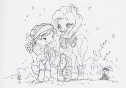 Size: 2322x1631 | Tagged: safe, artist:dilarus, ponerpics import, angel bunny, fluttershy, tree hugger, earth pony, pegasus, pony, rabbit, booties, cute, deleted from derpibooru, female, hat, mare, monochrome, simple background, snow, snowfall, tallershy, traditional art, white background