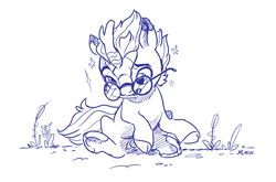 Size: 2840x1872 | Tagged: safe, artist:dilarus, ponerpics import, kirin, fanfic:harry potter and the crystal empire, circling stars, colt, crossover, deleted from derpibooru, derp, fanfic art, foal, glasses, harry potter, human to kirin, kirin-ified, male, monochrome, simple background, species swap, transformation, white background