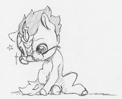 Size: 1205x975 | Tagged: safe, artist:dilarus, ponerpics import, kirin, fanfic:harry potter and the crystal empire, colt, crossover, deleted from derpibooru, fanfic art, foal, glasses, harry potter, human to kirin, kirin-ified, male, monochrome, simple background, species swap, traditional art, transformation, transformed, white background