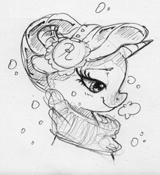 Size: 926x1014 | Tagged: safe, artist:dilarus, ponerpics import, rarity, pony, unicorn, clothes, cropped, deleted from derpibooru, earmuffs, female, hat, mare, monochrome, scarf, simple background, snow, snowfall, traditional art, white background