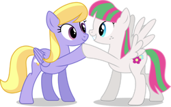 Size: 1280x801 | Tagged: safe, artist:thatusualguy06, derpibooru import, blossomforth, cloud kicker, pegasus, pony, .svg available, base used, duo, female, gritted teeth, looking at each other, mare, simple background, spread wings, transparent background, vector, wings