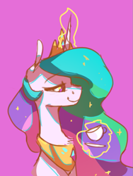 Size: 605x803 | Tagged: safe, artist:anticular, derpibooru import, princess celestia, alicorn, pony, bust, cup, female, glowing horn, horn, levitation, magic, mare, pink background, profile, saucer, simple background, solo, teacup, telekinesis