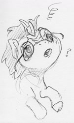 Size: 761x1268 | Tagged: safe, artist:dilarus, ponerpics import, kirin, fanfic:harry potter and the crystal empire, broken glasses, colt, confused, crossover, deleted from derpibooru, derp, dizzy, fanfic art, foal, glasses, harry potter, human to kirin, kirin-ified, male, monochrome, open mouth, question mark, simple background, species swap, traditional art, transformation, transformed, white background