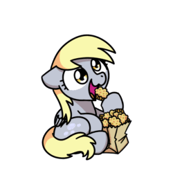 Size: 1000x1000 | Tagged: safe, artist:sugar morning, derpibooru import, part of a set, derpy hooves, pegasus, pony, animated, chibi, cute, daaaaaaaaaaaw, derpabetes, eating, female, food, frame by frame, gif, mare, muffin, paper bag, perfect loop, simple background, sitting, solo, sugar morning's snacc and drincc, that pony sure does love muffins, transparent background, white outline