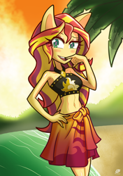 Size: 2448x3482 | Tagged: safe, artist:lezaki, derpibooru import, sunset shimmer, anthro, equestria girls, adorasexy, belly button, bikini, clothes, cute, no nose, sarong, sexy, sleeveless, swimsuit