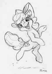 Size: 1033x1447 | Tagged: safe, artist:dilarus, ponerpics import, apple bloom, earth pony, pony, adorabloom, bow, cute, deleted from derpibooru, female, filly, monochrome, simple background, sketch, smiling, solo, traditional art, white background