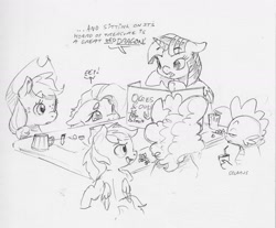 Size: 2403x1993 | Tagged: safe, artist:dilarus, ponerpics import, applejack, fluttershy, pinkie pie, rainbow dash, spike, twilight sparkle, twilight sparkle (alicorn), alicorn, dragon, earth pony, pegasus, pony, cider, deleted from derpibooru, dialogue, dice, dungeons and dragons, female, hat, male, mare, monochrome, ogres and oubliettes, simple background, smoldash, spike is not amused, tallershy, tankard, traditional art, unamused, white background