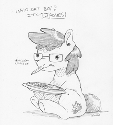 Size: 1563x1736 | Tagged: safe, artist:dilarus, ponerpics import, oc, oc only, oc:tjpones, earth pony, pony, deleted from derpibooru, dialogue, ear piercing, food, glasses, monochrome, onomatopoeia, pencil, piercing, pizza, ponified, simple background, sitting, solo, traditional art, white background