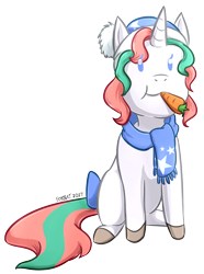 Size: 1252x1680 | Tagged: safe, artist:foxhatart, derpibooru import, oc, oc:mint, pony, unicorn, bow, carrot, chibi, clothes, female, food, mare, scarf, simple background, solo, tail bow, transparent background