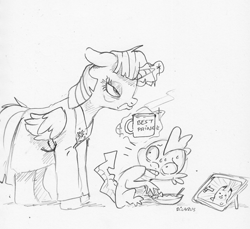 Size: 1650x1514 | Tagged: safe, artist:dilarus, ponerpics import, spike, twilight sparkle, twilight sparkle (alicorn), alicorn, dragon, pikachu, pony, annoyed, bags under eyes, bathrobe, clothes, deleted from derpibooru, gun, magic, messy mane, monochrome, mug, pokémon, robe, simple background, tablet, telekinesis, traditional art, weapon, white background