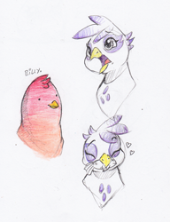 Size: 1485x1938 | Tagged: safe, artist:dilarus, ponerpics import, gilda, oc, oc:billy, fish, griffon, carnivore, cute, deleted from derpibooru, eating, female, gildadorable, griffons doing griffon things, heart, male, monochrome, simple background, traditional art, white background